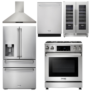 THOR Kitchen Package - 30" Gas Range, Range Hood, Refrigerator with Water and Ice Dispenser, Dishwasher, Wine Cooler, AP-TRG3001-11