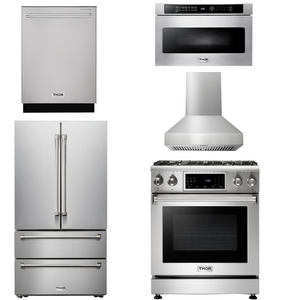 THOR Kitchen Package - 30" Gas Range, Range Hood, Microwave, Refrigerator, Dishwasher, AP-TRG3001-W-5