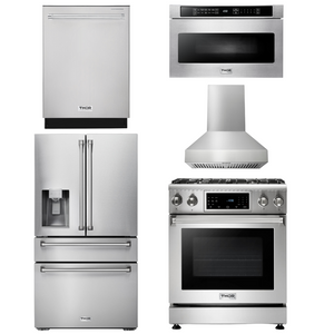 THOR Kitchen Package - 30" Gas Range, Range Hood, Microwave, Refrigerator with Water and Ice Dispenser, Dishwasher, AP-TRG3001-W-9