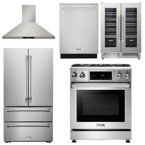THOR Kitchen Package - 30" Gas Range, Range Hood, Refrigerator, Dishwasher, Wine Cooler, AP-TRG3001-4