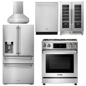 THOR Kitchen Package - 30" Gas Range, Range Hood, Refrigerator with Water and Ice Dispenser, Dishwasher, Wine Cooler, AP-TRG3001-W-8