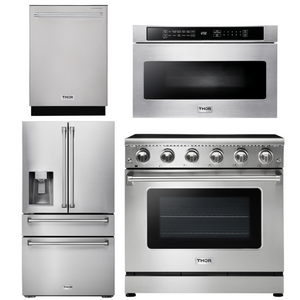 THOR Kitchen Package - 36" Electric Range, Microwave, Refrigerator with Water and Ice Dispenser, Dishwasher, AP-HRE3601-12