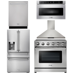 THOR Kitchen Package - 36" Electric Range, Range Hood, Microwave, Refrigerator with Water and Ice Dispenser, Dishwasher, AP-HRE3601-13