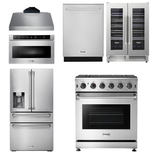 THOR Kitchen Package - 30" Gas Range, Range Hood, Microwave, Refrigerator with Water and Ice Dispenser, Dishwasher, Wine Cooler, AP-LRG3001U-C-10