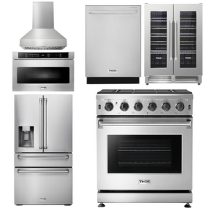 THOR Kitchen Package - 30" Propane Gas Range, Range Hood, Microwave, Refrigerator with Water and Ice Dispenser, Dishwasher, Wine Cooler