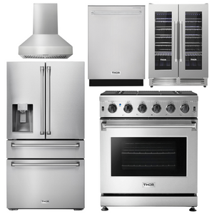 THOR Kitchen Package - 30" Propane Gas Range, Range Hood, Refrigerator with Water and Ice Dispenser, Dishwasher, Wine Cooler