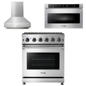 THOR Kitchen Package - 30" Propane Gas Range, Range Hood, Microwave, AP-LRG3001ULP-W-4