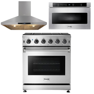Thor Kitchen Package - 30 in. Natural Gas Range, Range Hood, Microwave Drawer, AP-LRG3001U-5