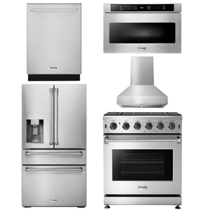 THOR Kitchen Package - 30" Gas Range, Range Hood, Microwave, Refrigerator with Water and Ice Dispenser, Dishwasher, AP-LRG3001U-W-9