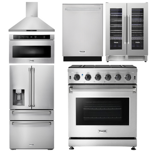 THOR Kitchen Package - 30" Gas Range, Range Hood, Microwave, Refrigerator with Water and Ice Dispenser, Dishwasher, Wine Cooler, AP-LRG3001U-14