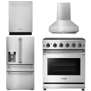 THOR Kitchen Package - 30" Gas Range, Range Hood, Refrigerator with Water and Ice Dispenser, Dishwasher, AP-LRG3001U-W-7