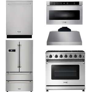 THOR Kitchen Package - 36" Propane Gas Range, Range Hood, Microwave, Refrigerator with Water and Ice Dispenser, Dishwasher, AP-LRG3601ULP-C-9