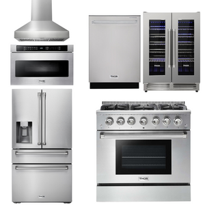 THOR Package - 36" Propane Gas Range, Range Hood, Microwave, Refrigerator with Water & Ice Dispenser, Dishwasher, Wine Cooler