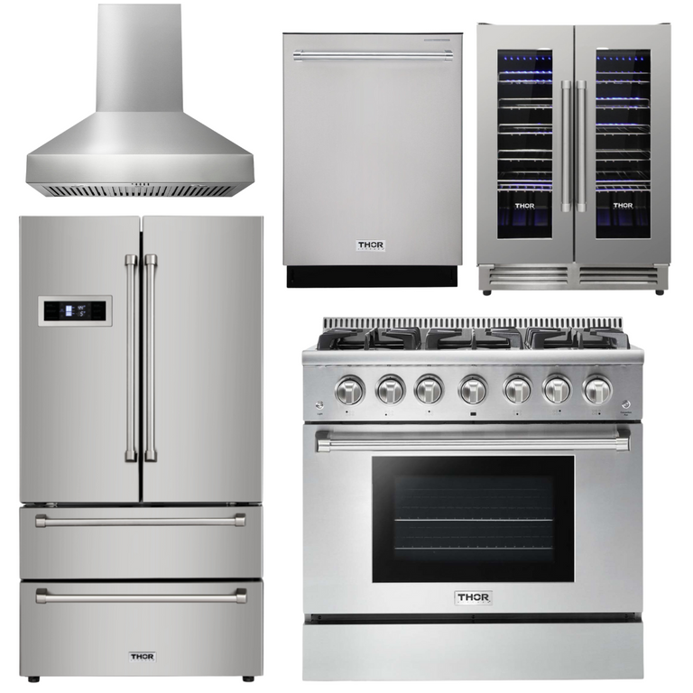 Thor Kitchen Package - 36" Gas Range, Range Hood, Refrigerator, Dishwasher, Wine Cooler, AP-HRG3618U-W-3