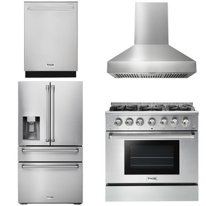 THOR Kitchen Package - 36" Propane Gas Range, Range Hood, Refrigerator with Water and Ice Dispenser, Dishwasher, AP-HRG3618ULP-W-7