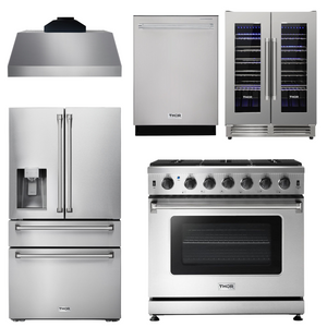 THOR Kitchen Package - 36" Gas Range, Range Hood, Refrigerator with Water and Ice Dispenser, Dishwasher, Wine Cooler, AP-LRG3601U-C-8