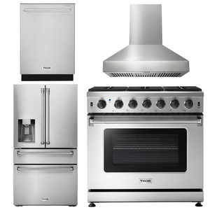 THOR Kitchen Package - 36" Gas Range, Range Hood, Refrigerator with Water and Ice Dispenser, Dishwasher, AP-LRG3601U-W-7