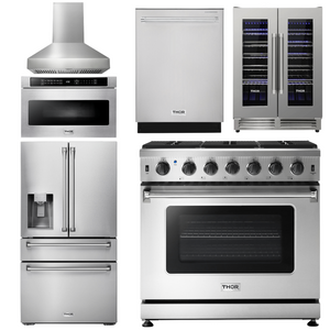 THOR Kitchen Package - 36 Inch Gas Range, Range Hood, Microwave, Refrigerator with Fridge and Ice Maker, Dishwasher, Wine Cooler, AP-LRG3601U-W-10