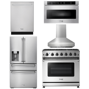 THOR Kitchen Package - 36 Inch Propane Gas Range, Range Hood, Microwave, Refrigerator with Water and Ice Dispenser, Dishwasher, AP-LRG3601ULP-W-9