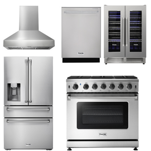 THOR Kitchen Package - 36 Inch Gas Range, Range Hood, Refrigerator with Water and Ice Dispenser, Dishwasher, Wine Cooler, AP-LRG3601U-W-8
