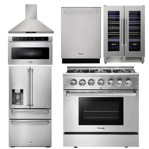 THOR Package - 36" Propane Dual Fuel Range, Range Hood, Microwave, Refrigerator with Water & Ice Dispenser, Dishwasher, Wine Cooler