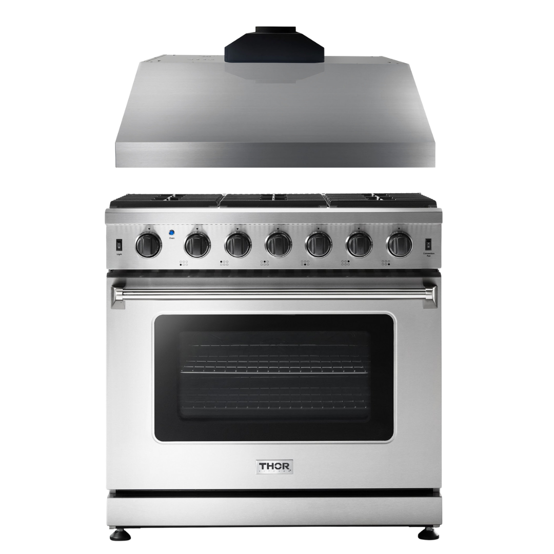 Thor Kitchen Package - 36 in. Gas Range, Range Hood, AP-LRG3601U-9