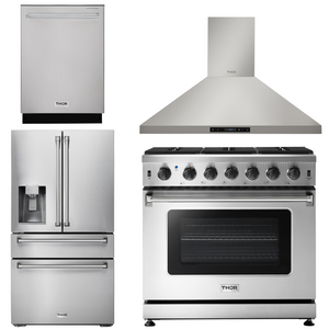 THOR Kitchen Package - 36" Gas Range, Range Hood, Refrigerator with Water and Ice Dispenser, Dishwasher, AP-LRG3601U-10