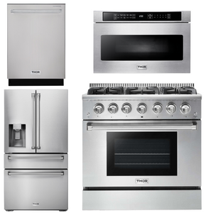 THOR Kitchen Package - 36" Propane Gas Range, Microwave, Refrigerator with Water and Ice Dispenser, Dishwasher, AP-HRG3618ULP-12