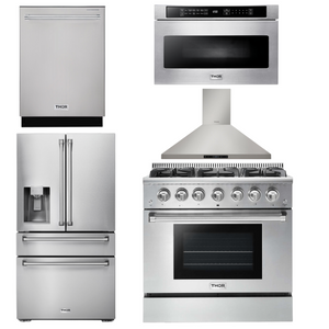 THOR Kitchen Package - 36" Gas Range, Range Hood, Microwave, Refrigerator with Water and Ice Dispenser, Dishwasher, AP-HRG3618U-13