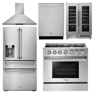 THOR Kitchen Package - 36" Gas Range, Range Hood, Refrigerator with Water and Ice Dispenser, Dishwasher, Wine Cooler, AP-HRG3618U-11