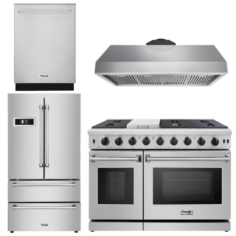 Thor Kitchen Package - 48 in. Gas Range, Range Hood, Dishwasher, Refrigerator, AP-LRG4807U-3