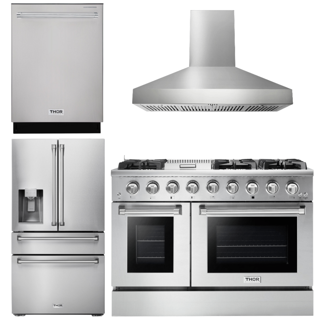 Thor Kitchen Package - 48 in. Gas Range, Range Hood, Refrigerator with Water and Ice Dispenser, Dishwasher, AP-HRG4808U-W-7