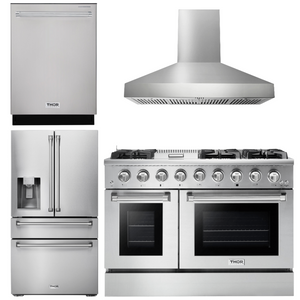 Thor Kitchen Package - 48 in. Gas Range, Range Hood, Refrigerator with Water and Ice Dispenser, Dishwasher, AP-HRG4808U-W-7