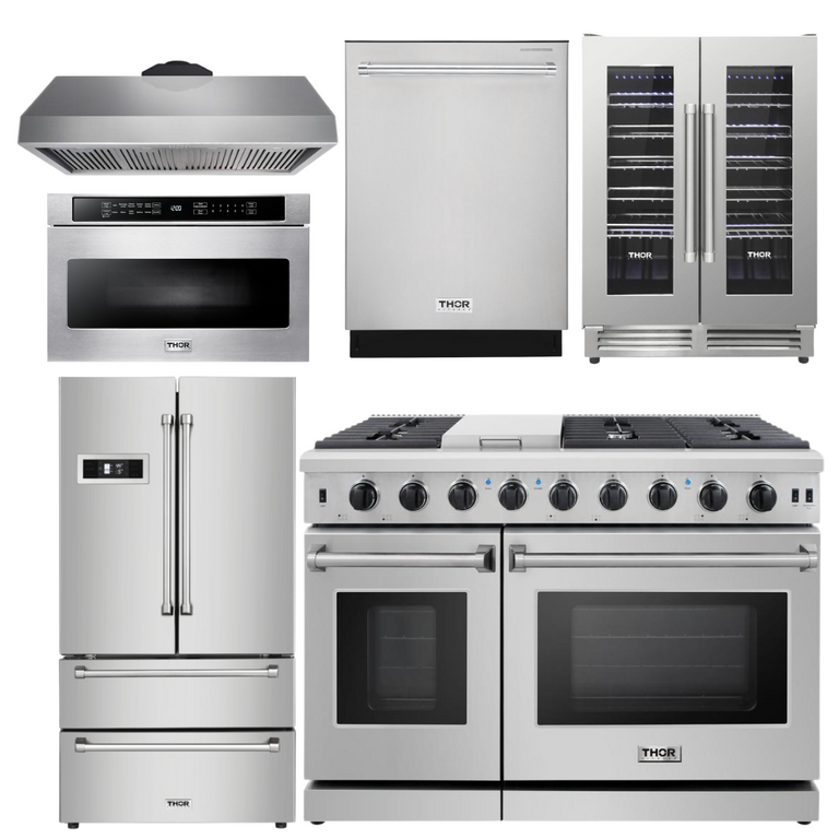 Thor Kitchen Package - 48 in. Propane Gas Range, Range Hood, Refrigerator, Dishwasher, Wine Cooler, Microwave, AP-LRG4807ULP-8