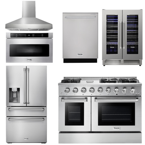 THOR Kitchen Package - 48" Gas Range, Range Hood, Refrigerator with Water and Ice Dispenser, Dishwasher, Microwave, Wine Cooler, AP-HRG4808U-W-10