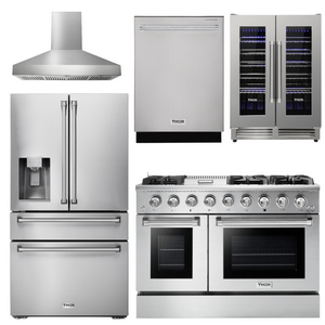 THOR Kitchen Package - 48" Gas Range, Range Hood, Refrigerator with Water and Ice Dispenser, Dishwasher, Wine Cooler, AP-HRG4808U-W-8