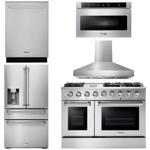 THOR Kitchen Package 48" Gas Range, Range Hood, Refrigerator with Water and Ice Dispenser, Dishwasher, Microwave, AP-HRG4808U-W-9
