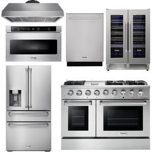 THOR Kitchen Package - 48" Gas Range, Range Hood, Refrigerator with Water and Ice Dispenser, Dishwasher, Microwave, Wine Cooler, AP-HRG4808U-14