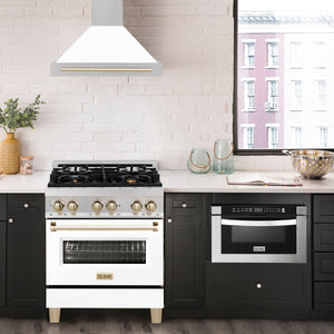 ZLINE Autograph 30" Convertible Satin Stainless Steel Wall Mount Range Hood with White Matte Shell and Polished Gold Handle, KB4SNZ-WM30-G