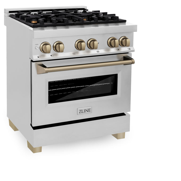 ZLINE 30 Inch Autograph Edition Dual Fuel Range in Stainless Steel with Champagne Bronze Accents, RAZ-30-CB