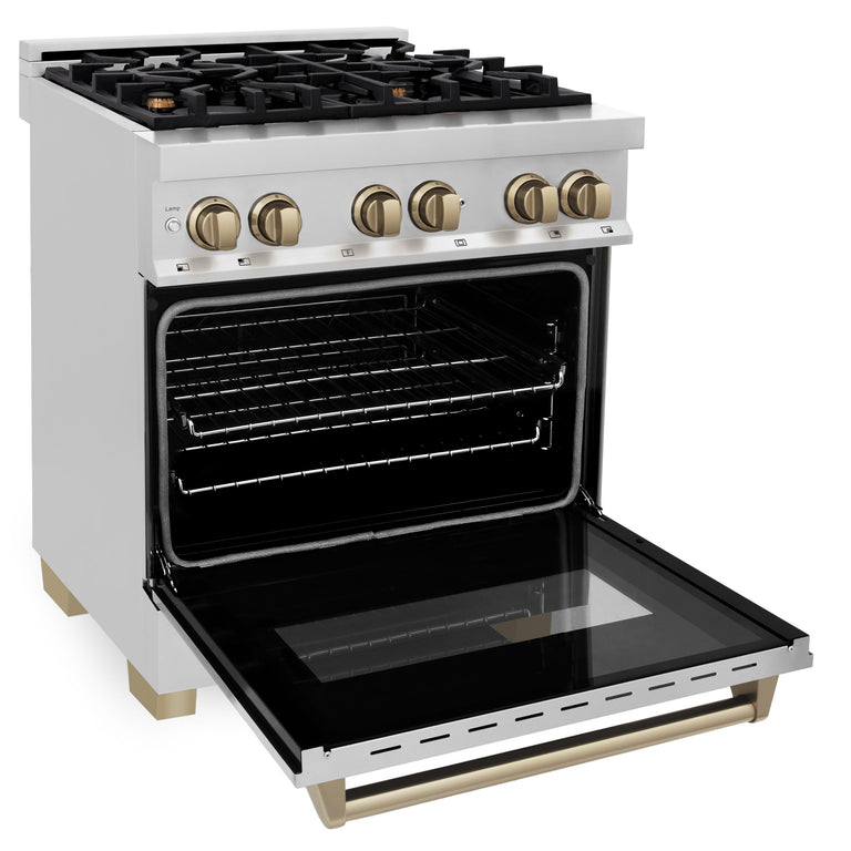 ZLINE 30 Inch Autograph Edition Dual Fuel Range in Stainless Steel with Champagne Bronze Accents, RAZ-30-CB