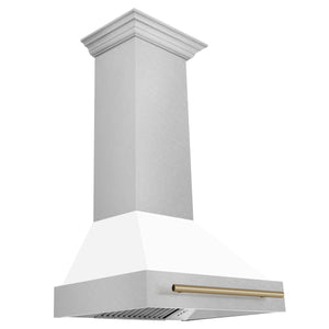 ZLINE Autograph 30" Satin Stainless Steel Wall Mount Range Hood with White Matte Shell and Champagne Bronze Handle, 8654SNZ-WM30-CB