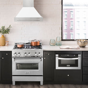 ZLINE 30" Satin Stainless Steel Wall Mount Range Hood with White Matte Shell and Stainless Steel Handle, 8654SNX-WM-30