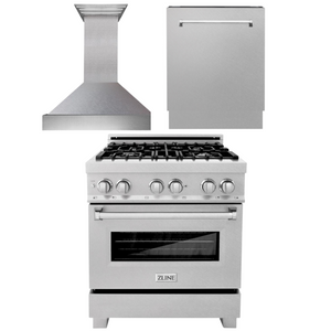 ZLINE 30 in. Kitchen Appliance Package with Satin Stainless Steel Stainless Dual Fuel Range, Ducted Vent Range Hood and Tall Tub Dishwasher, 3KP-RASRH30-DWV