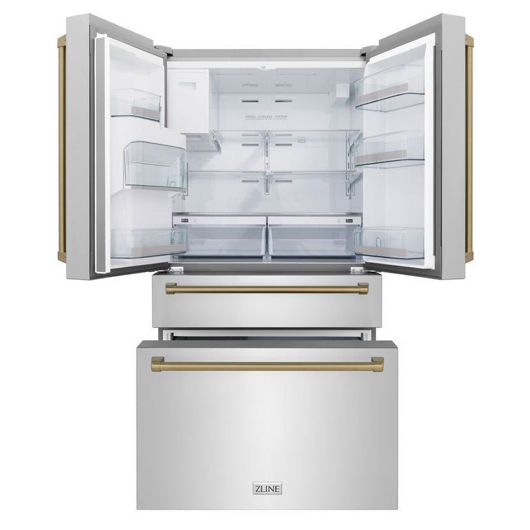 ZLINE Autograph Package - 36" Dual Fuel Range, Range Hood, Dishwasher, Refrigerator with Water and Ice Dispenser with Bronze Accents