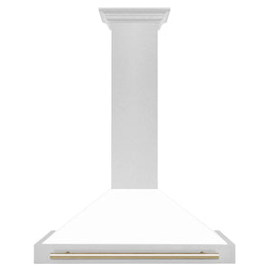 ZLINE Autograph 36" Convertible Satin Stainless Steel Wall Mount Range Hood with White Matte Shell and Polished Gold Handle, KB4SNZ-WM36-G