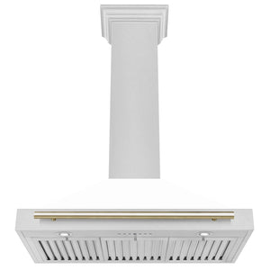 ZLINE Autograph 36" Convertible Satin Stainless Steel Wall Mount Range Hood with White Matte Shell and Polished Gold Handle, KB4SNZ-WM36-G