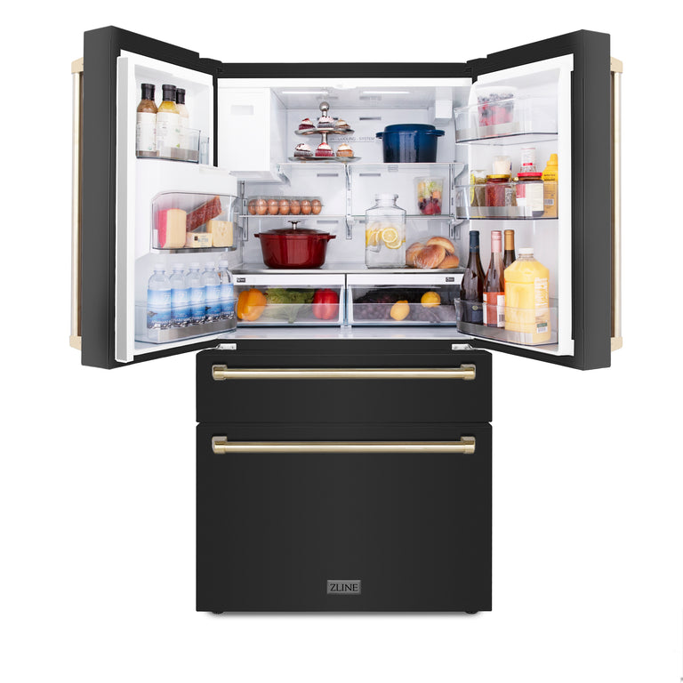 ZLINE 36 In. Autograph Refrigerator with Water and Ice Dispenser in Black with Gold Handles, RFMZ-W-36-BS-G