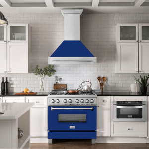 ZLINE 36" Satin Stainless Steel Wall Mount Range Hood with Blue Gloss Shell and Stainless Steel Handle, 8654SNX-BG36
