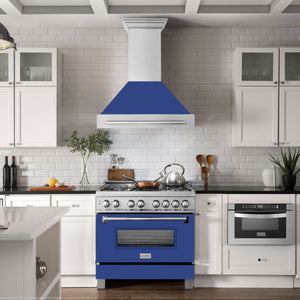 ZLINE 36" Satin Stainless Steel Wall Mount Range Hood with Blue Matte Shell and Stainless Steel Handle, 8654SNX-BM-36